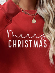 Deep Red Merry Christmas graphic sweatshirt with white text.