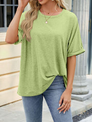 Relaxed fit crew neck t-shirt in Yellow-Green with rolled short sleeves.