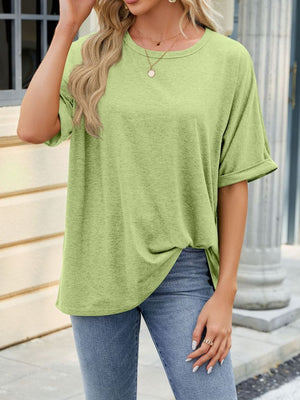 Relaxed fit crew neck t-shirt in Yellow-Green with rolled short sleeves.