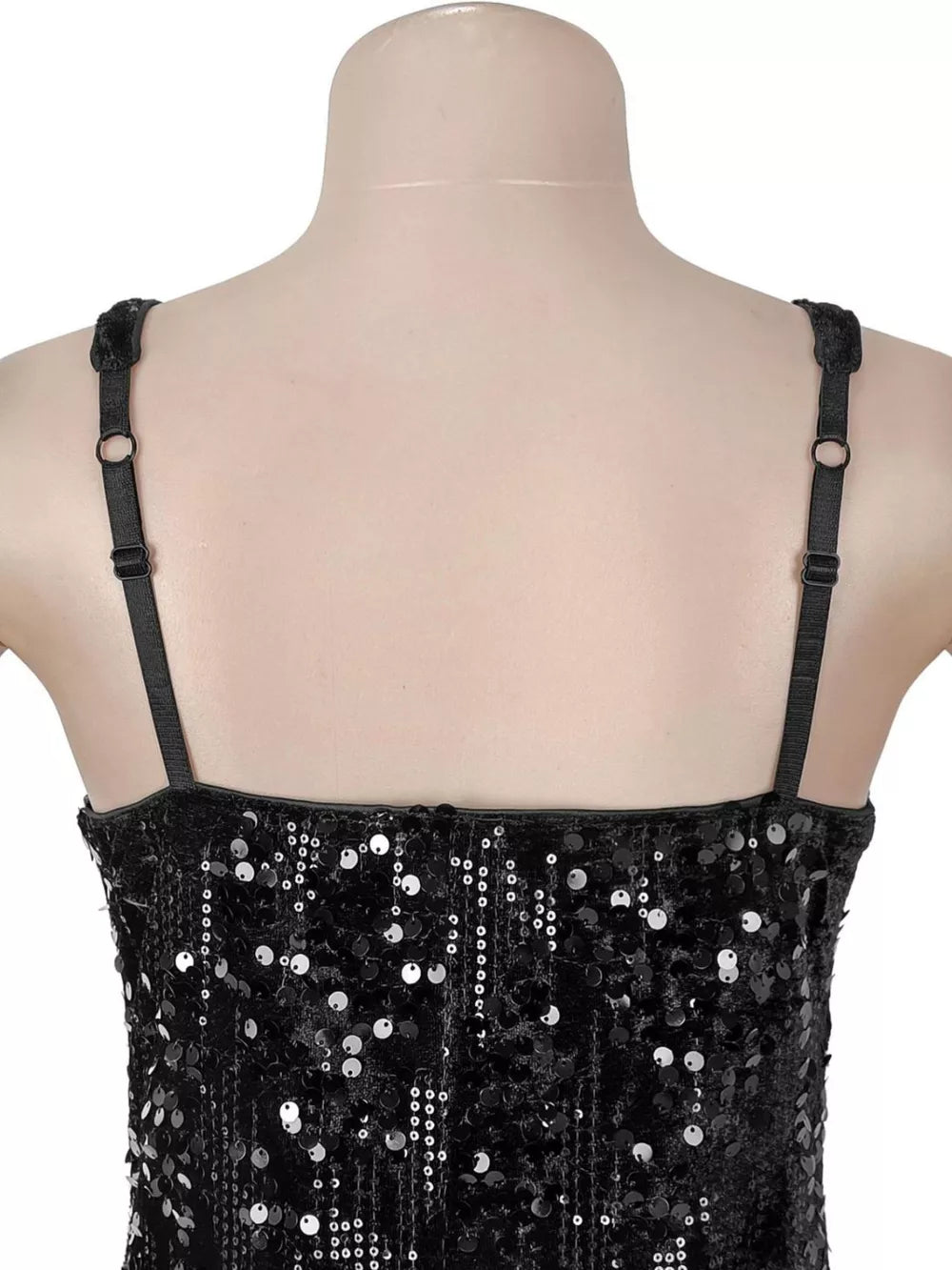 Black sequin maxi dress with adjustable spaghetti straps and square neckline detail.