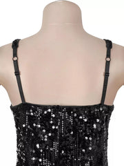 Black sequin maxi dress with adjustable spaghetti straps and square neckline detail.