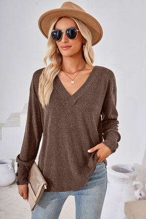 Button-cuff slouch v-neck top in mocha with long sleeves and a relaxed fit.