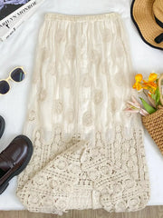 White midi skirt with crochet lace overlay and elastic waist