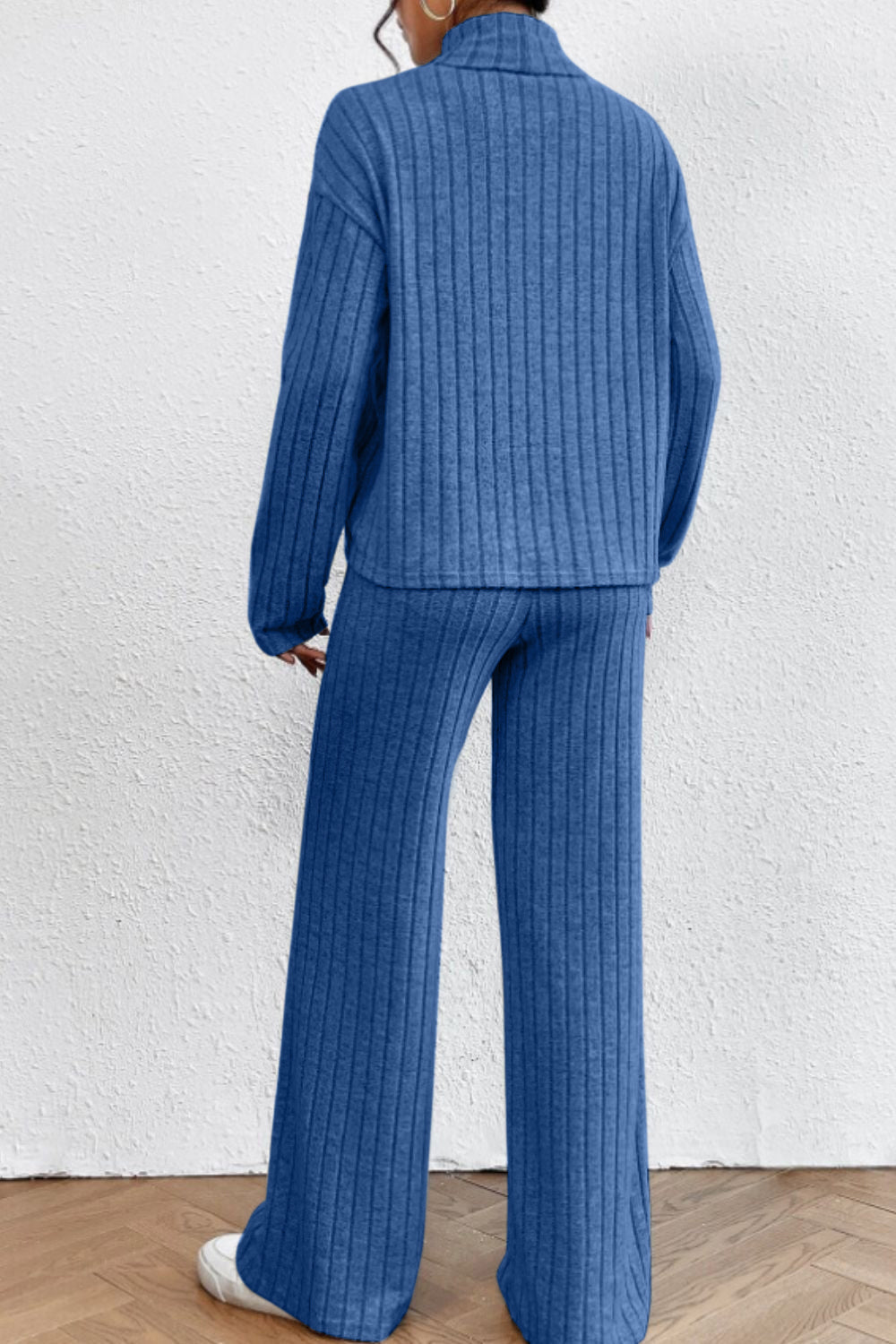 Ribbed knit turtleneck loungewear set in Sky Blue, featuring wide-leg pants and a relaxed fit sweater.