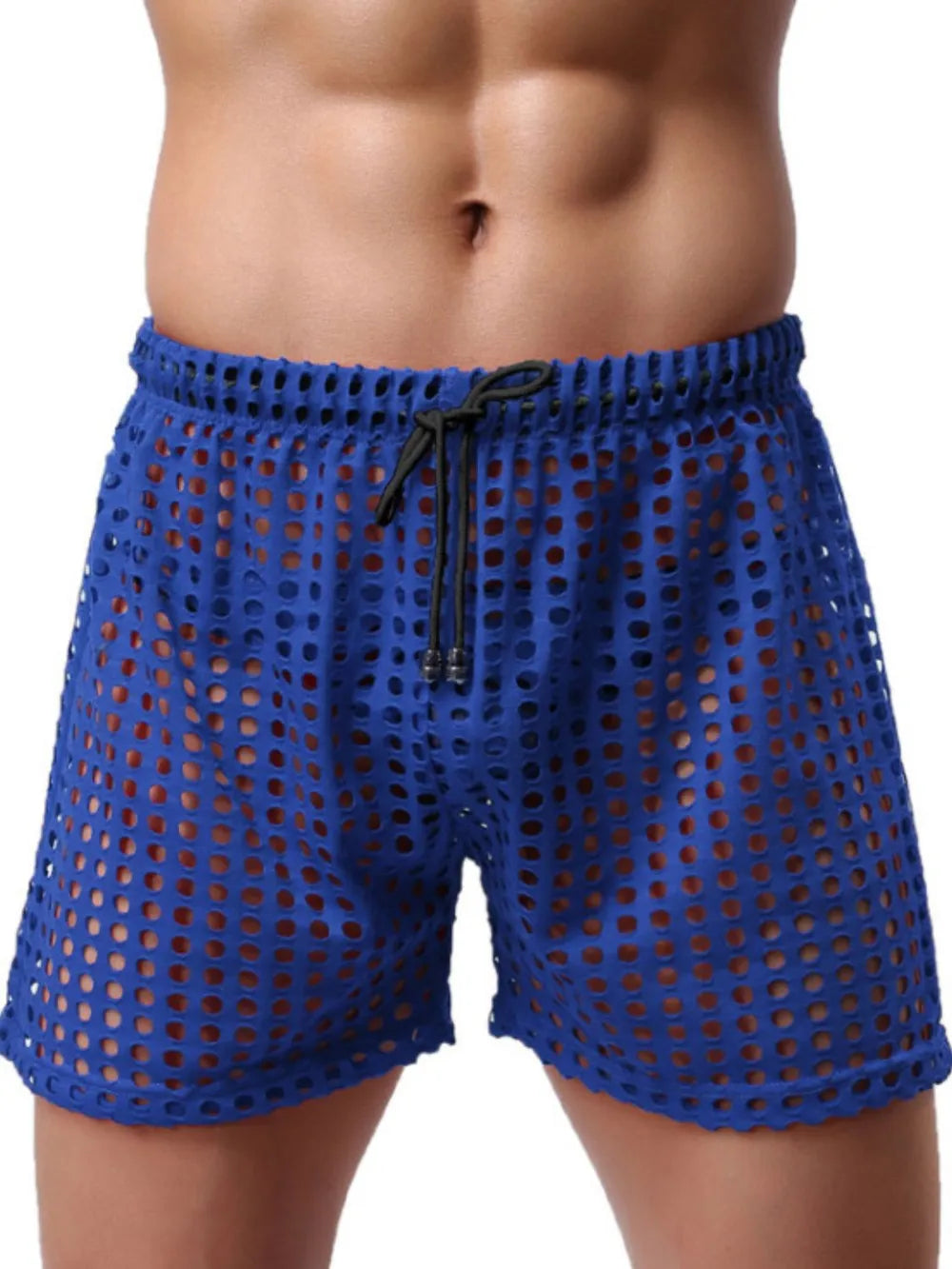 Royal blue perforated sport shorts with drawstring waist and athletic cut.