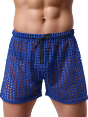 Royal blue perforated sport shorts with drawstring waist and athletic cut.