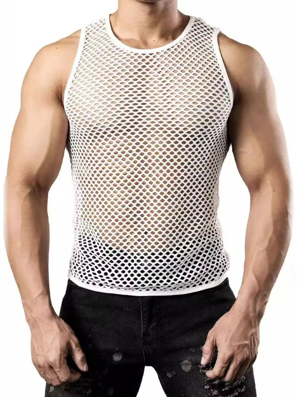 White open-knit muscle tank top with a crew neck and sleeveless design.