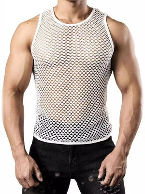 White open-knit muscle tank top with a crew neck and sleeveless design.