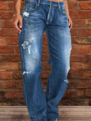 Blue denim maternity jeans with relaxed fit, distressed details, and raw hem