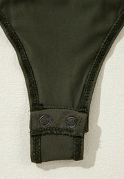 Army green bodysuit with snap closure and decorative stitching detail