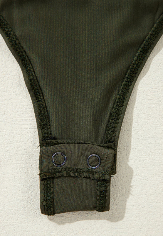 Army green bodysuit with snap closure and decorative stitching detail