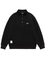 Black buttoned sweatshirt pullover with mock neck and embroidered logo.