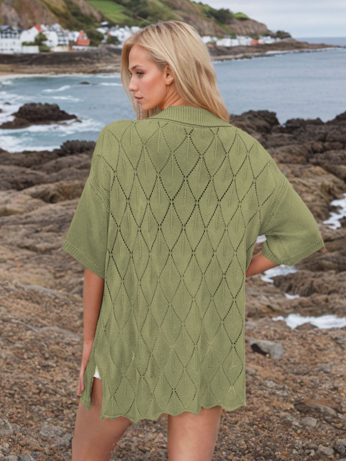 Yellow-Green diamond knit collared cardigan shirt with short sleeves and open knit detail.