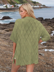 Yellow-Green diamond knit collared cardigan shirt with short sleeves and open knit detail.