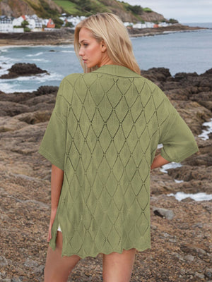 Yellow-Green diamond knit collared cardigan shirt with short sleeves and open knit detail.