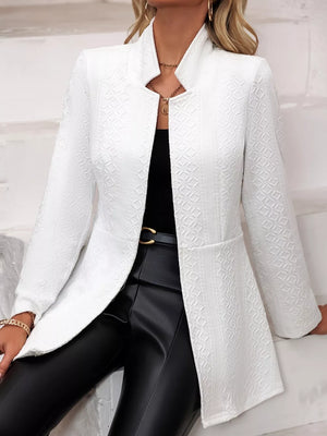 White textured slim fit open blazer with a unique collar detail and long sleeves.