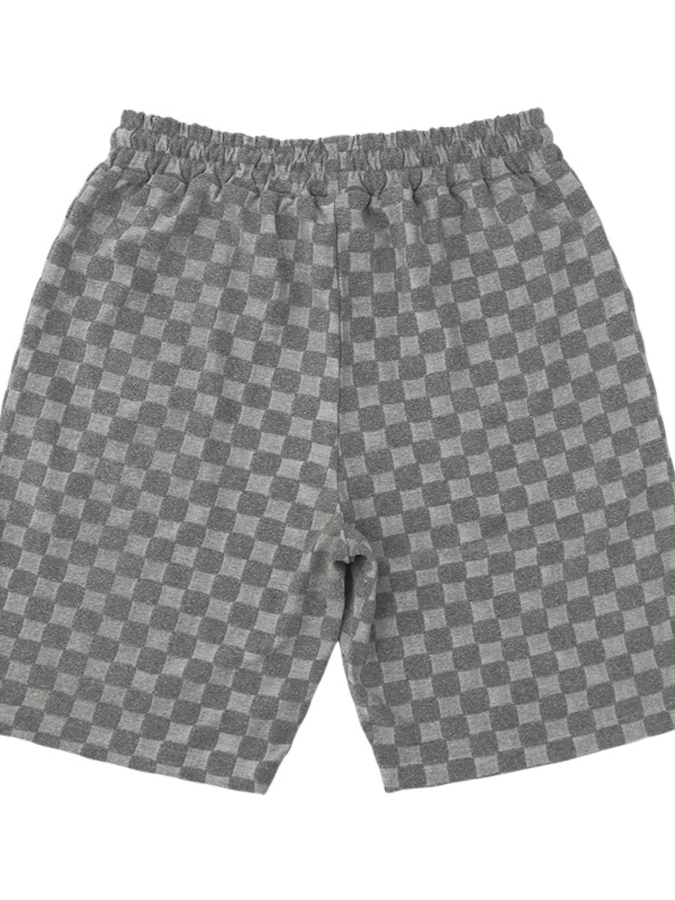 Dark gray checkered chino shorts with drawstring waist and textured fabric.