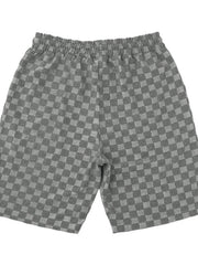 Dark gray checkered chino shorts with drawstring waist and textured fabric.