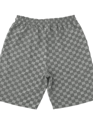 Dark gray checkered chino shorts with drawstring waist and textured fabric.