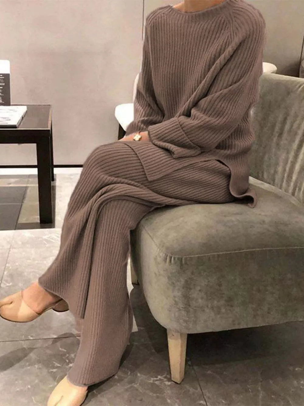 Ribbed knit sweater and wide leg pants set in beige, relaxed fit, crew neck, long sleeves.