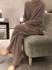 Ribbed knit sweater and wide leg pants set in beige, relaxed fit, crew neck, long sleeves.