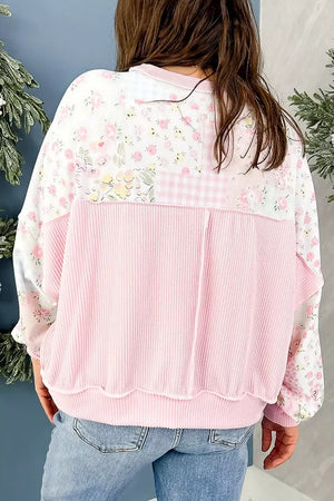 Twisted Ribbed Trim Floral Print Sweatshirt in Blush Pink, side view