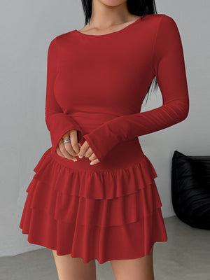 Red long sleeve mini dress with tiered ruffle hem
