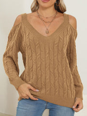 Camel cable knit cold shoulder sweater with V-neck and balloon sleeves.