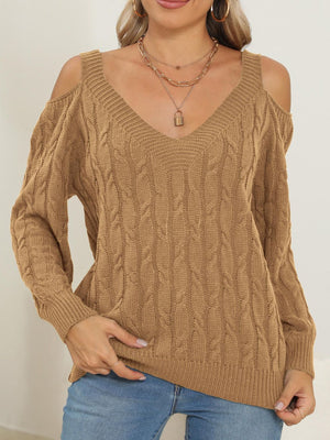 Camel cable knit cold shoulder sweater with V-neck and balloon sleeves.