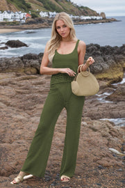 Moss open-knit crochet tank top and wide-leg trousers set with a cutout pattern.