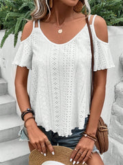 White eyelet cold shoulder blouse with scalloped hem and short sleeves.