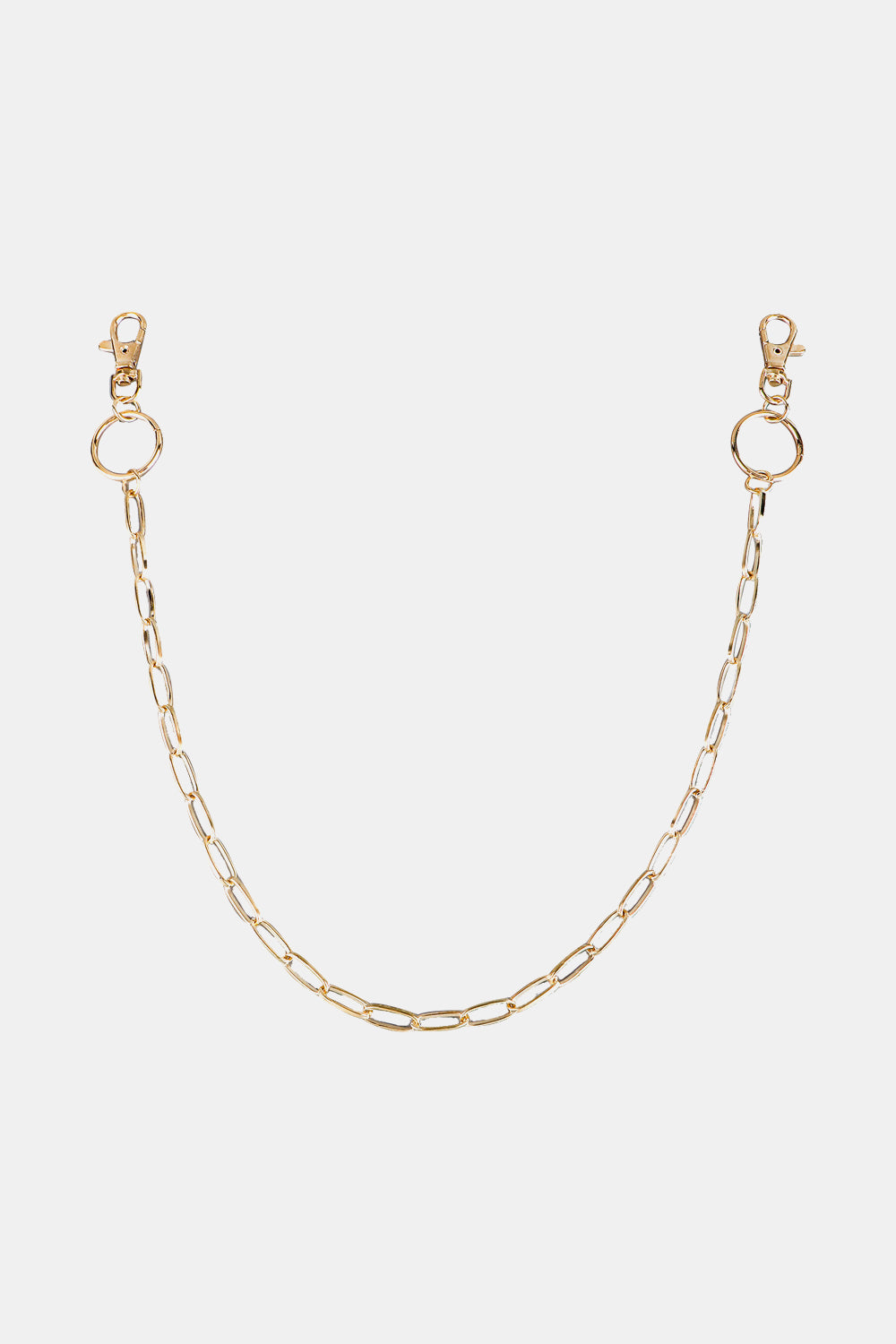 Gold chain wallet chain with lobster clasps and O-ring connectors.