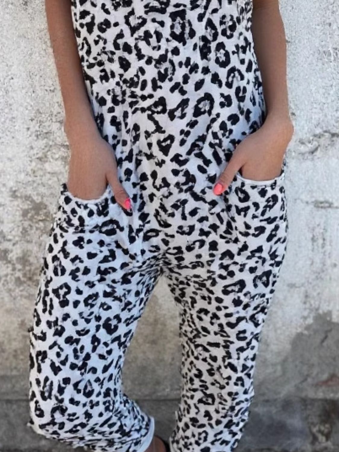 Leopard print slouchy cami jumpsuit in white with pockets