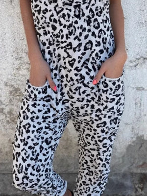 Leopard print slouchy cami jumpsuit in white with pockets