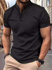 Black short sleeve polo shirt with buttoned neckline and textured fabric