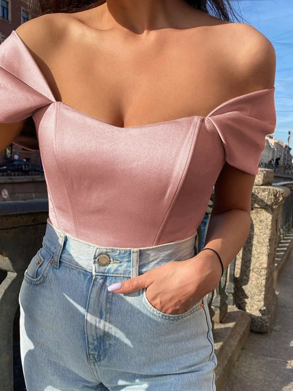 Pink sweetheart neckline off-shoulder satin blouse with bow sleeves