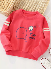 Kids' red crew neck sweatshirt with ping pong graphic and striped sleeves