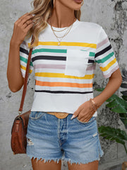 White t-shirt with rainbow stripes and a chest pocket.
