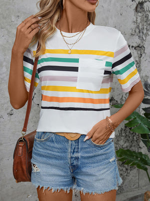 White t-shirt with rainbow stripes and a chest pocket.