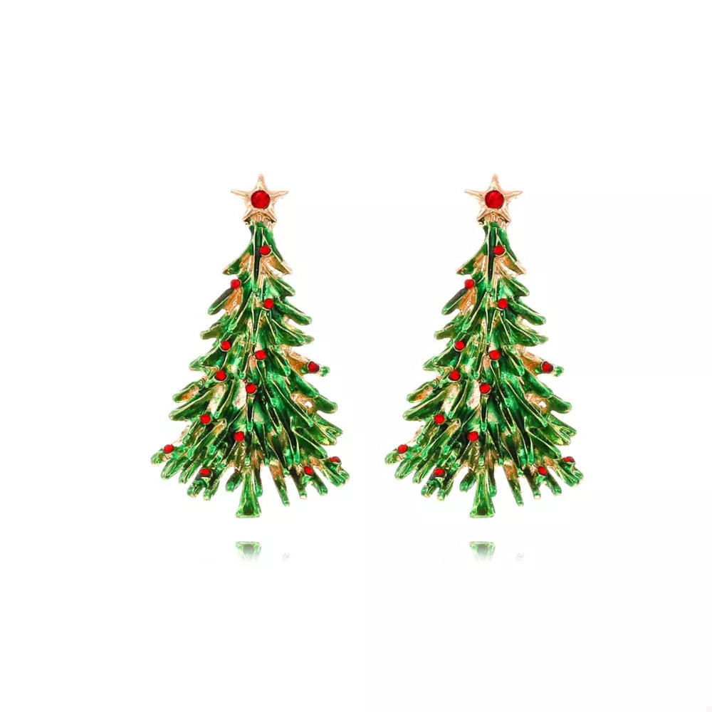 Festive holiday tree charm earrings with red gem accents and gold star topper.