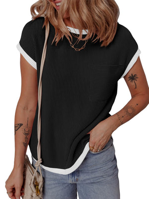 Black ribbed knit tee with white contrast piping and chest pocket.