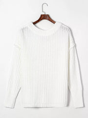 Ribbed Knit Round Neck Chunky Sweater in White, alternate angle
