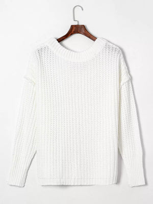 Ribbed Knit Round Neck Chunky Sweater in White, alternate angle