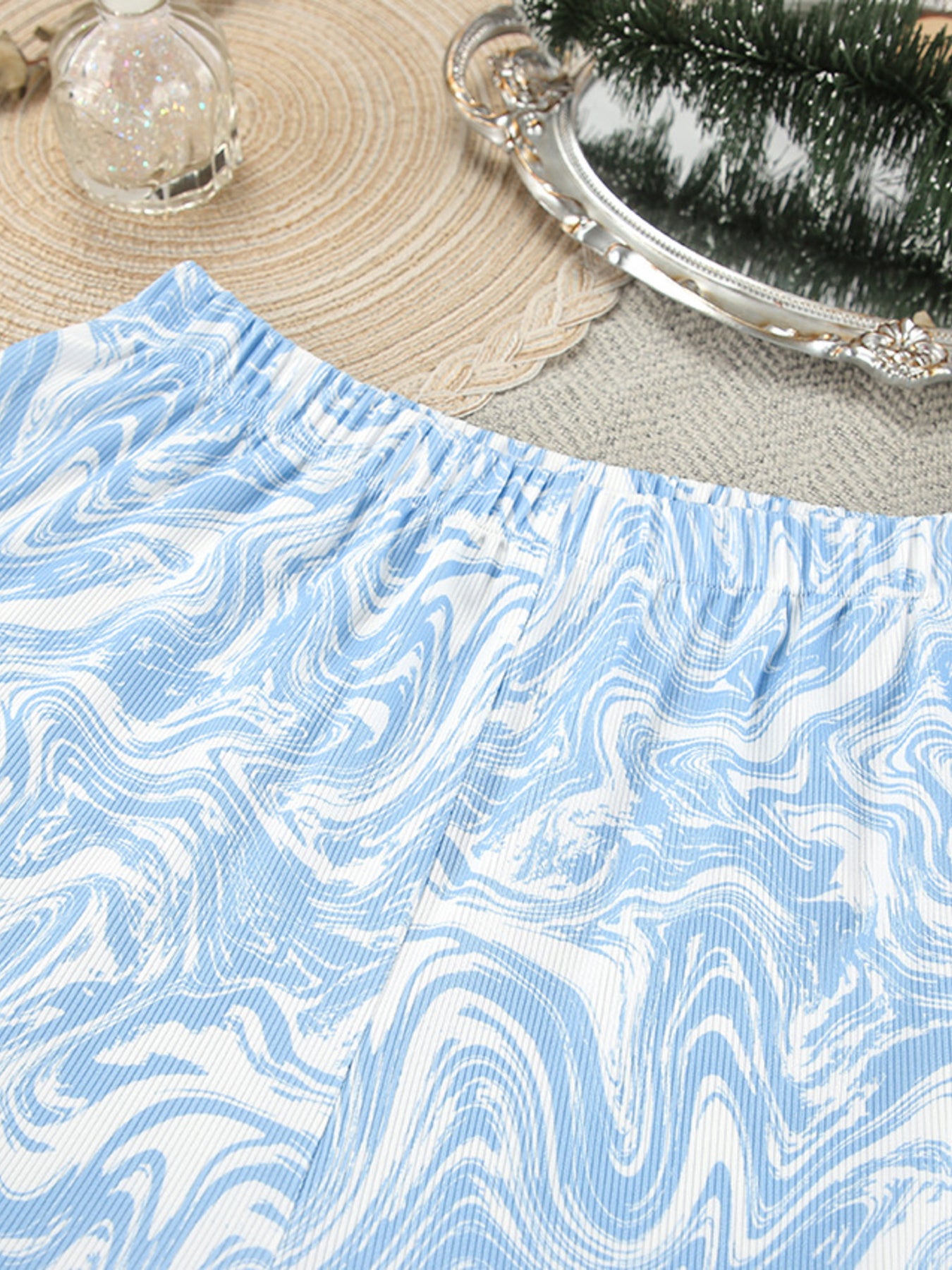 Blue and white marble print lounge pants with elastic waistband