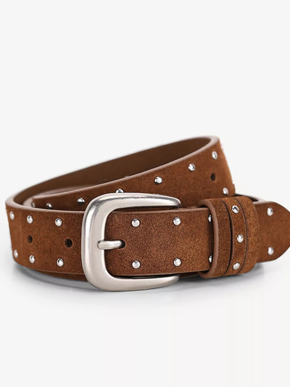 Brown cowhide leather studded belt with silver buckle