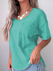 Mineral wash cotton tee in teal with a chest pocket and V-neck.