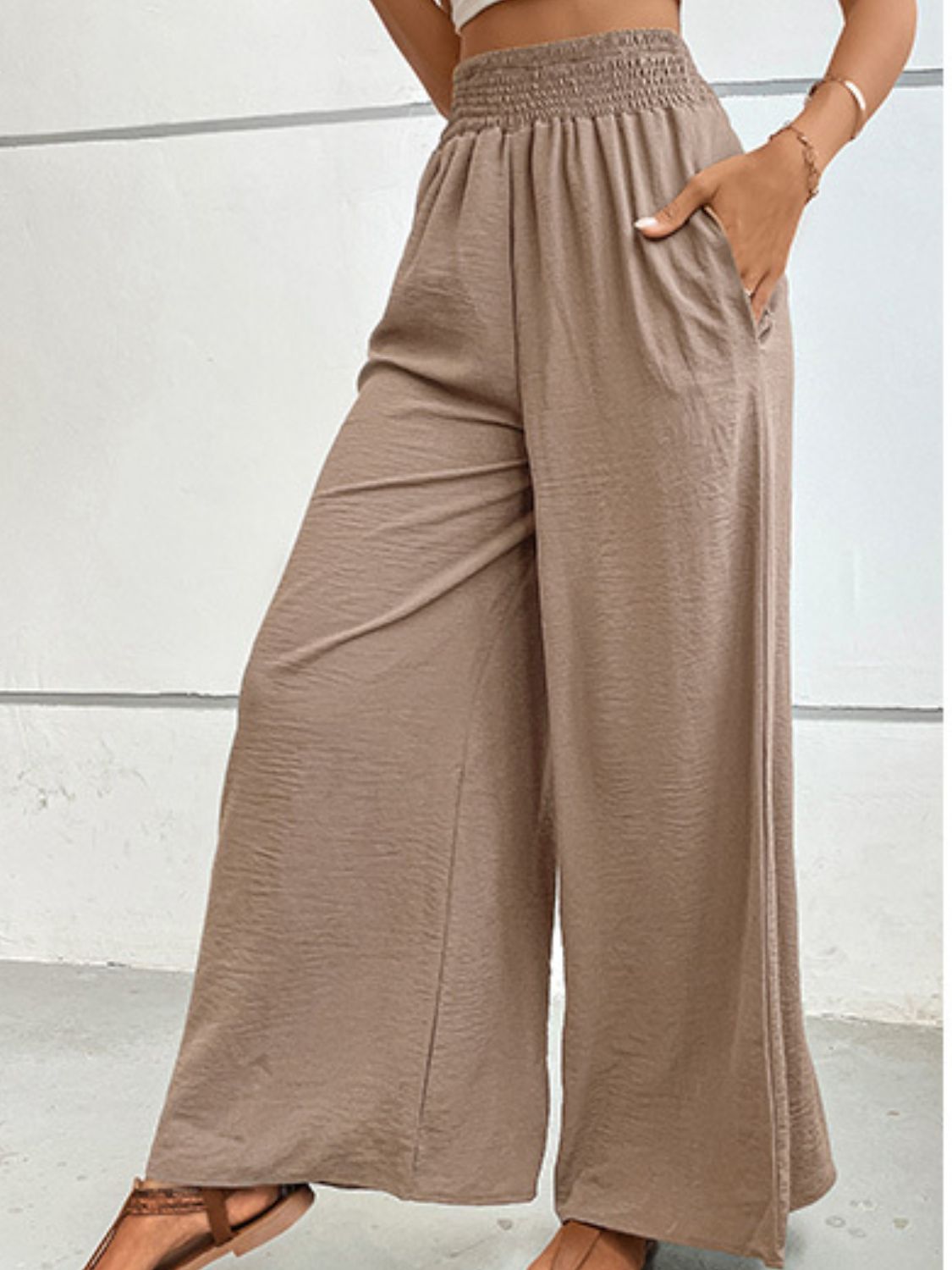 Brown textured smocked waist palazzo maternity trousers with pockets