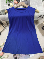 Royal blue sleeveless tank top with textured pleats and a round neckline.