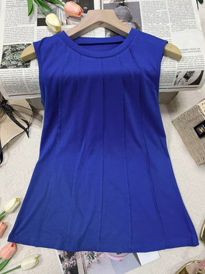Royal blue sleeveless tank top with textured pleats and a round neckline.