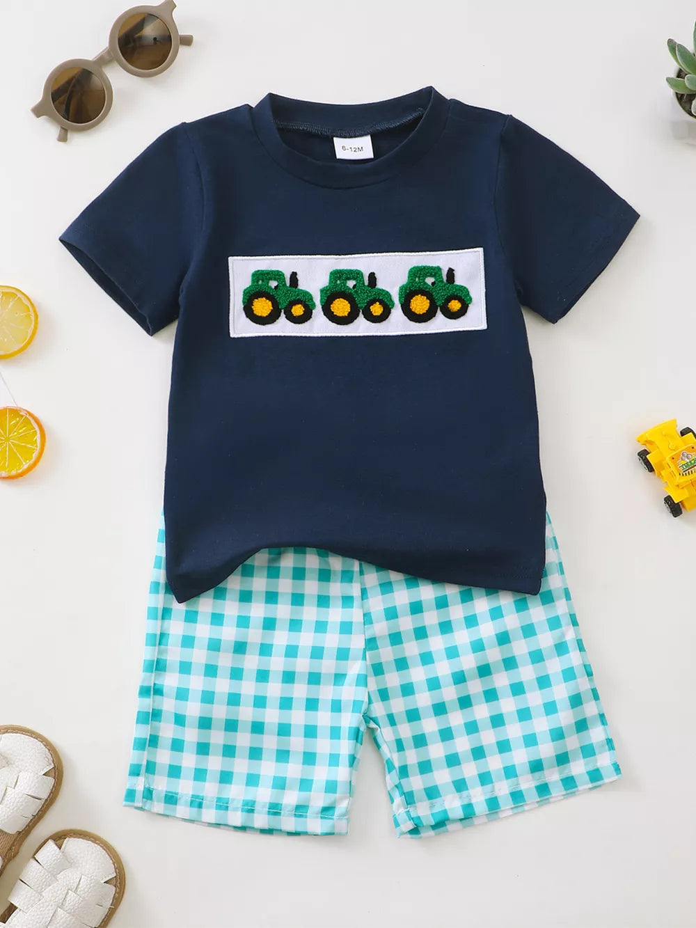 Navy tractor applique baby set with turquoise gingham shorts